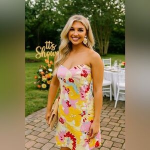 David Meister Yellow Pink Red Cotton Strapless Floral Sheath Dress Size 10